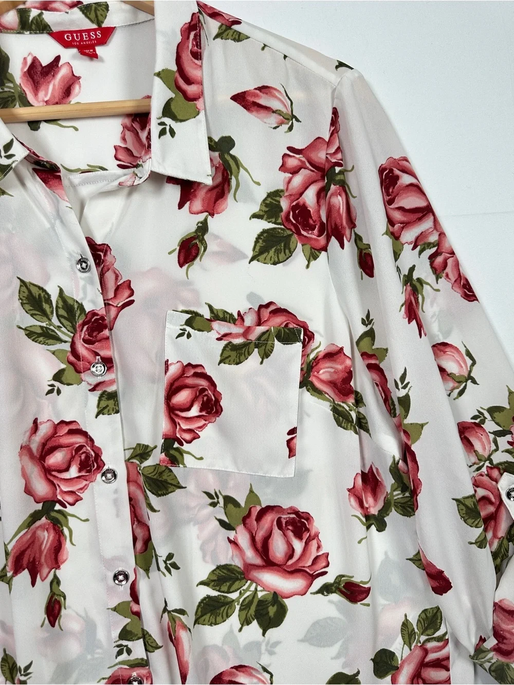 Guess Rose Print Button Down Blouse Sheer Floral Top XL Coquette Romantic Y2K - Picture 5 of 10